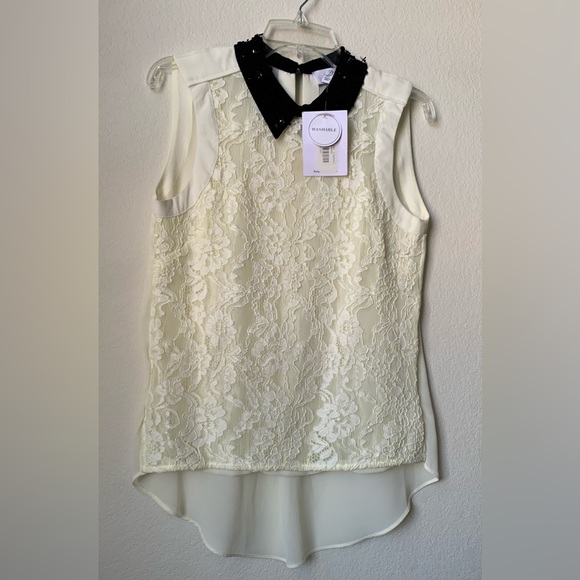 NWT Bell Badgley Mischka Ivory Lace Sleeveless Top/Black Collar/Floral Appliqué - Picture 1 of 12